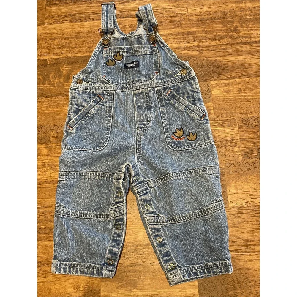 OshKosh B’Gosh Vestbak Dinosaur Footprints Denim Overalls Boys Size 18 Months